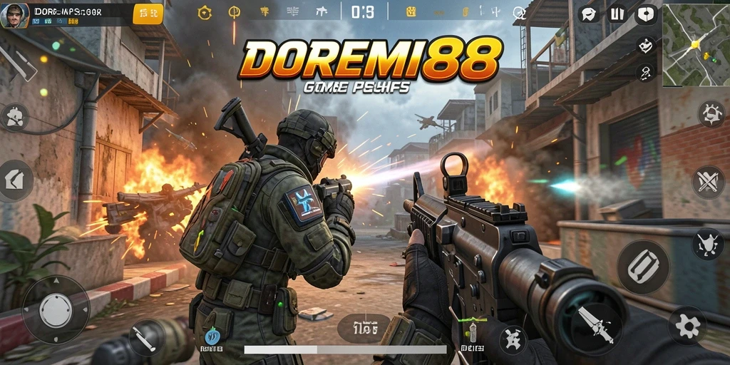 Screenshot gameplay DOREMI88 menampilkan aksi seru dalam pertempuran FPS.