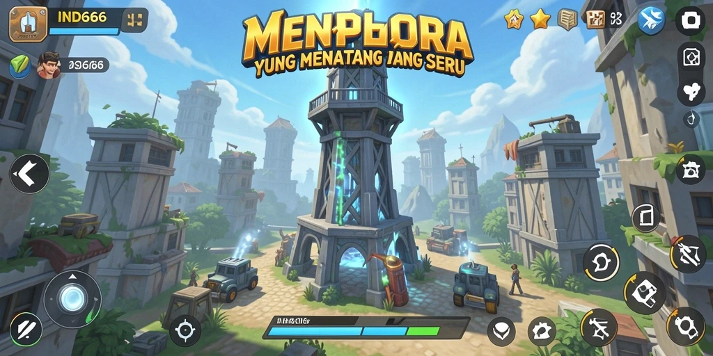 Tangkapan layar gameplay IND666 yang menampilkan pertahanan menara yang epik.