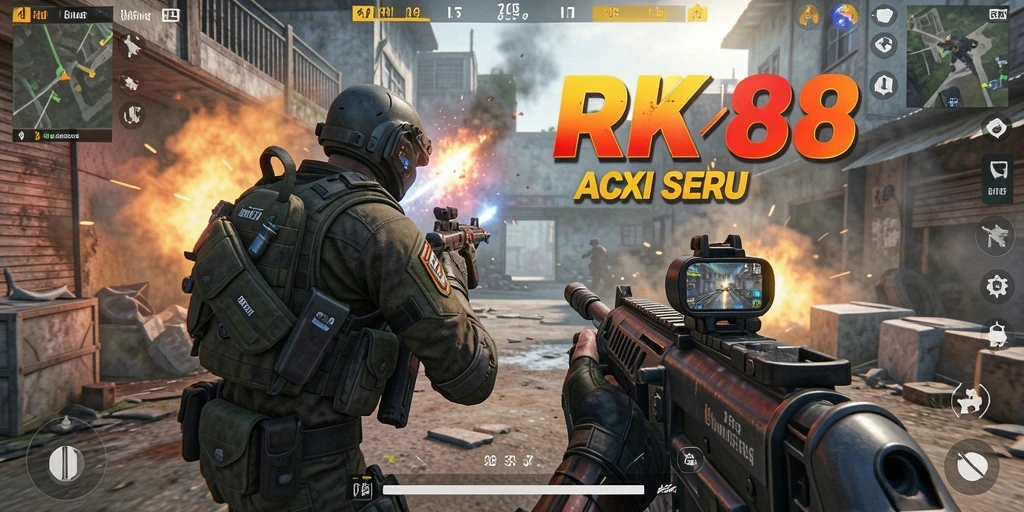 Screenshot gameplay RK88 menampilkan aksi tembak-menembak yang intens dan seru.