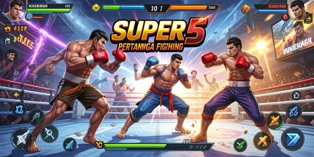 Menampilkan karakter bertarung di arena yang epik.
